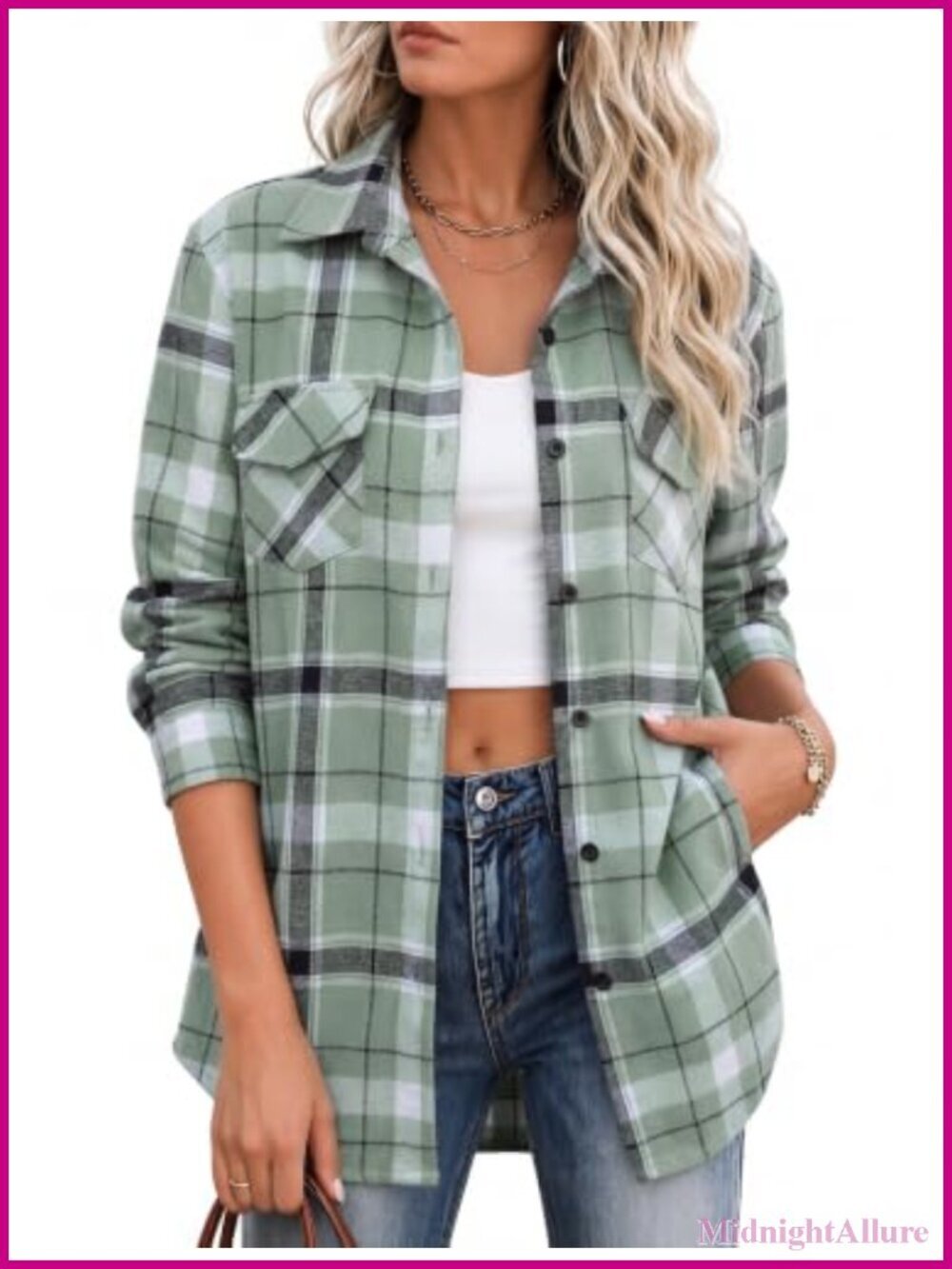Women's Flannel Button Down Shacket Long Sleeve Plaid Shirt Lightweight